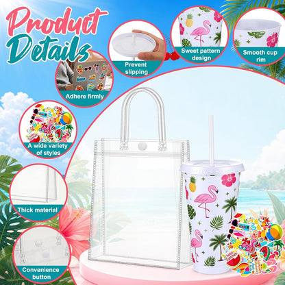 12 Set Checkered Bow Cherry Plastic Cups 16 oz Bow Cups with Lid and Straw, 12 Clear PVC Gift Bags, 300 Cute Stickers, Reusable Coquette Party Tumblers for Summer Wedding Gift(Pink)