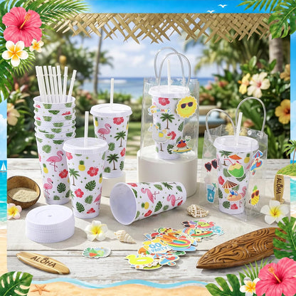 12 Set Checkered Bow Cherry Plastic Cups 16 oz Bow Cups with Lid and Straw, 12 Clear PVC Gift Bags, 300 Cute Stickers, Reusable Coquette Party Tumblers for Summer Wedding Gift(Pink)