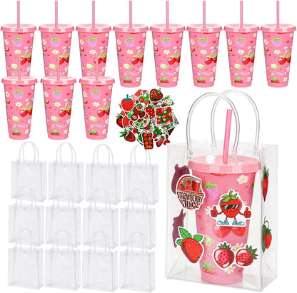 12 Set Checkered Bow Cherry Plastic Cups 16 oz Bow Cups with Lid and Straw, 12 Clear PVC Gift Bags, 300 Cute Stickers, Reusable Coquette Party Tumblers for Summer Wedding Gift(Pink)
