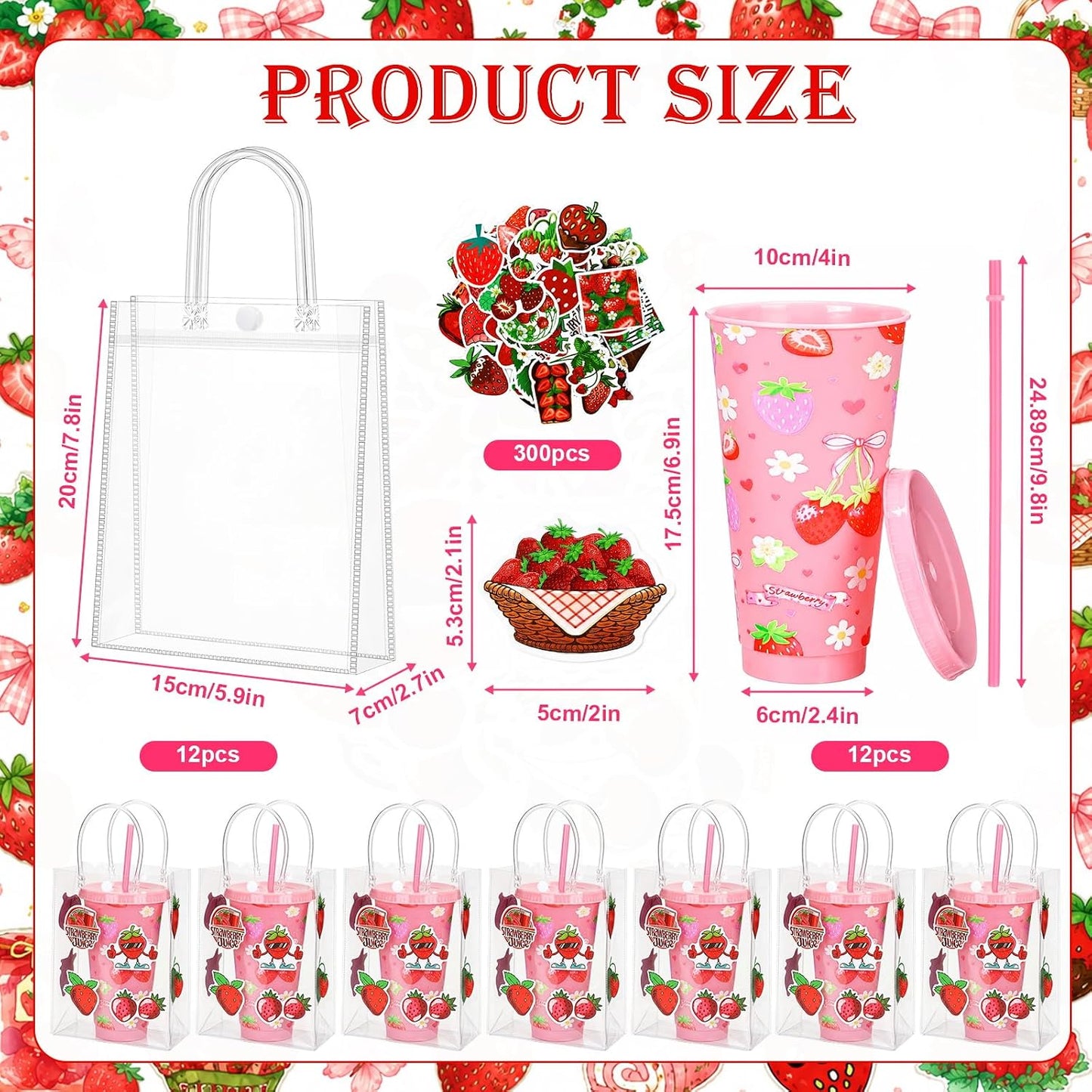 12 Set Checkered Bow Cherry Plastic Cups 16 oz Bow Cups with Lid and Straw, 12 Clear PVC Gift Bags, 300 Cute Stickers, Reusable Coquette Party Tumblers for Summer Wedding Gift(Pink)