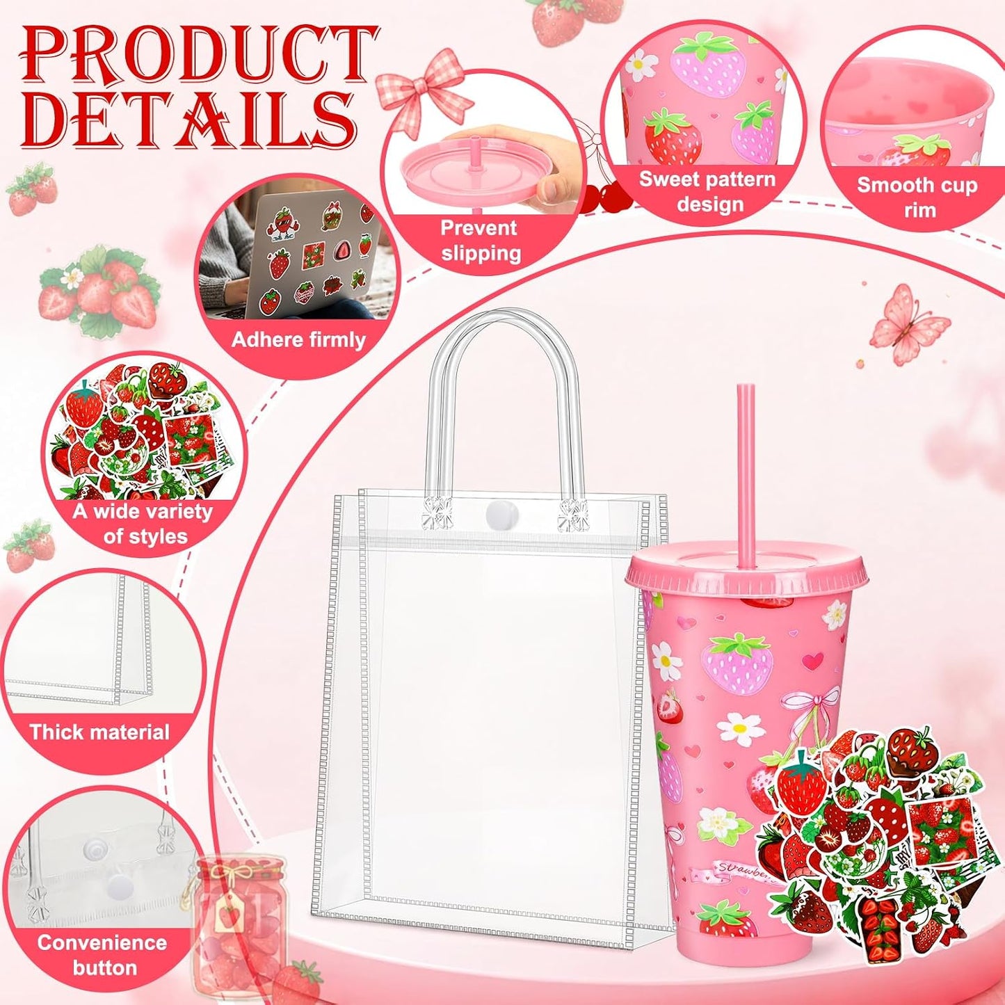 12 Set Checkered Bow Cherry Plastic Cups 16 oz Bow Cups with Lid and Straw, 12 Clear PVC Gift Bags, 300 Cute Stickers, Reusable Coquette Party Tumblers for Summer Wedding Gift(Pink)