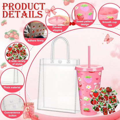 12 Set Checkered Bow Cherry Plastic Cups 16 oz Bow Cups with Lid and Straw, 12 Clear PVC Gift Bags, 300 Cute Stickers, Reusable Coquette Party Tumblers for Summer Wedding Gift(Pink)