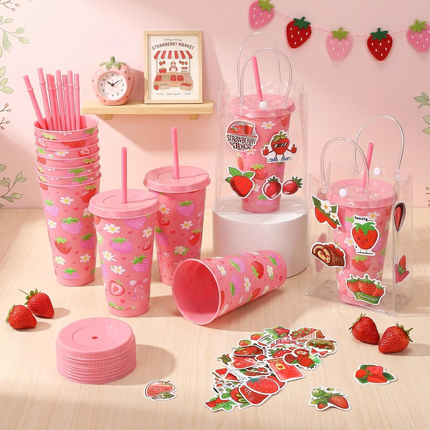 12 Set Checkered Bow Cherry Plastic Cups 16 oz Bow Cups with Lid and Straw, 12 Clear PVC Gift Bags, 300 Cute Stickers, Reusable Coquette Party Tumblers for Summer Wedding Gift(Pink)