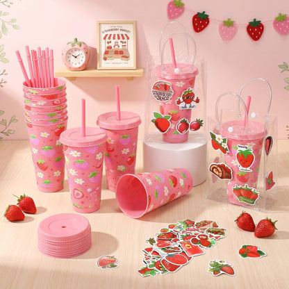 12 Set Checkered Bow Cherry Plastic Cups 16 oz Bow Cups with Lid and Straw, 12 Clear PVC Gift Bags, 300 Cute Stickers, Reusable Coquette Party Tumblers for Summer Wedding Gift(Pink)