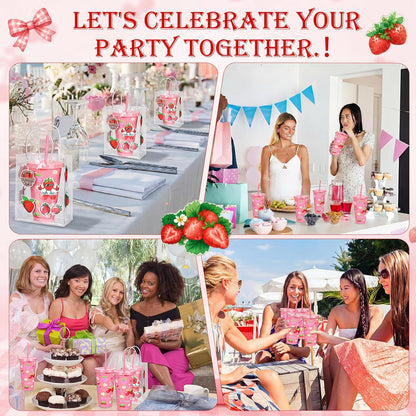 12 Set Checkered Bow Cherry Plastic Cups 16 oz Bow Cups with Lid and Straw, 12 Clear PVC Gift Bags, 300 Cute Stickers, Reusable Coquette Party Tumblers for Summer Wedding Gift(Pink)