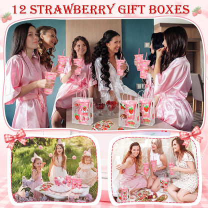 12 Set Checkered Bow Cherry Plastic Cups 16 oz Bow Cups with Lid and Straw, 12 Clear PVC Gift Bags, 300 Cute Stickers, Reusable Coquette Party Tumblers for Summer Wedding Gift(Pink)