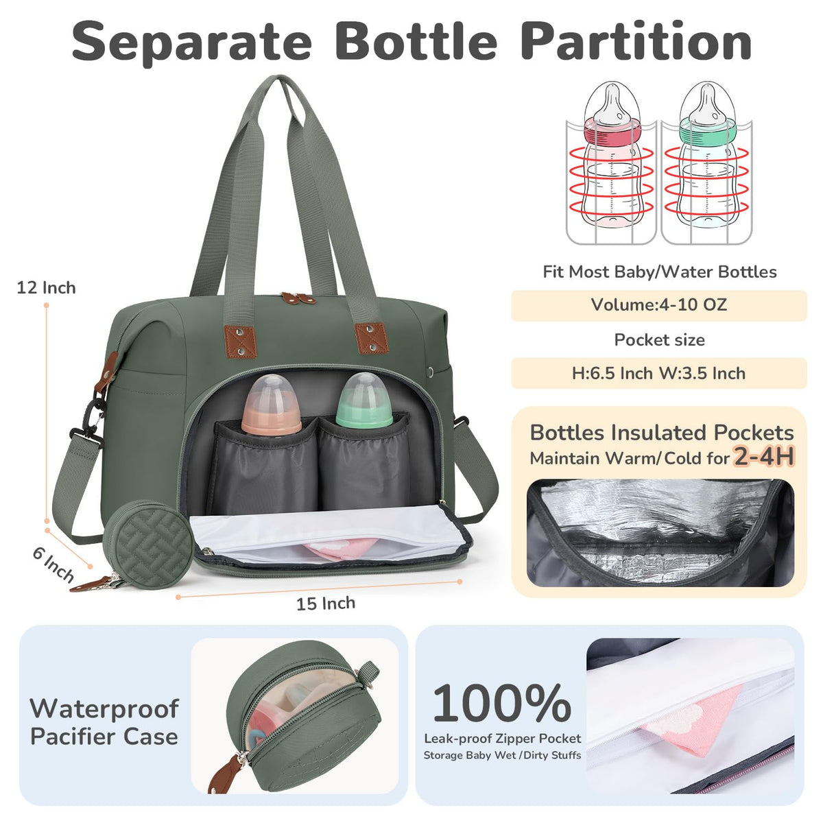 Diaper Bag Tote, Baby Bags with Pacifier Case Green