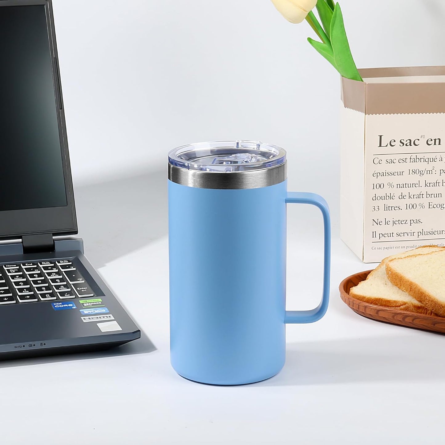 22oz Insulated Coffee Mug with Handle & Leak-Proof Lid - Double Wall Stainless Steel Travel Tumbler for Commute/Office/Home, Dark Blue, 1 Pack