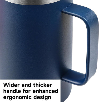 22oz Insulated Coffee Mug with Handle & Leak-Proof Lid - Double Wall Stainless Steel Travel Tumbler for Commute/Office/Home, Dark Blue, 1 Pack