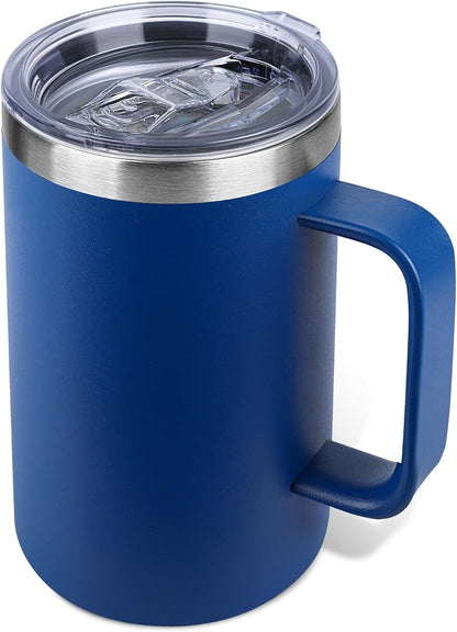 22oz Insulated Coffee Mug with Handle & Leak-Proof Lid - Double Wall Stainless Steel Travel Tumbler for Commute/Office/Home, Dark Blue, 1 Pack