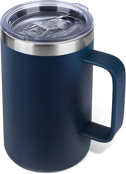 22oz Insulated Coffee Mug with Handle & Leak-Proof Lid - Double Wall Stainless Steel Travel Tumbler for Commute/Office/Home, Dark Blue, 1 Pack