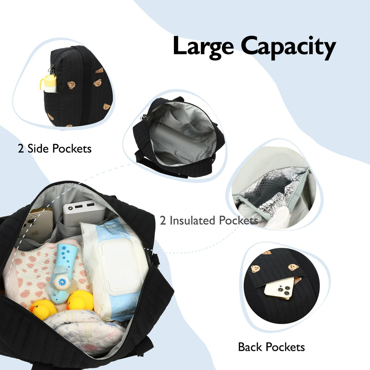 Diaper Bag Tote with Insulated Pockets and Stroller Hooks for Travel (White, Medium)
