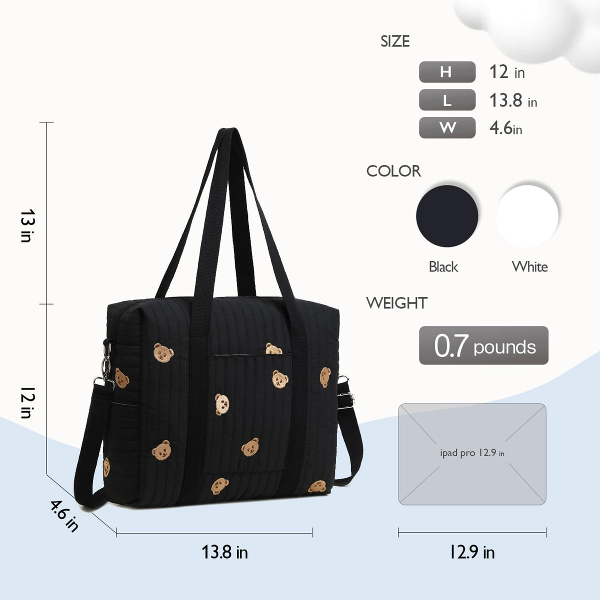 Diaper Bag Tote with Insulated Pockets and Stroller Hooks for Travel (White, Medium)