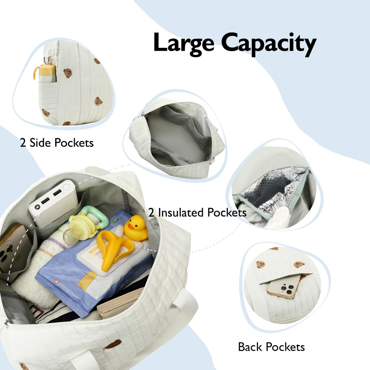 Diaper Bag Tote with Insulated Pockets and Stroller Hooks for Travel (White, Medium)