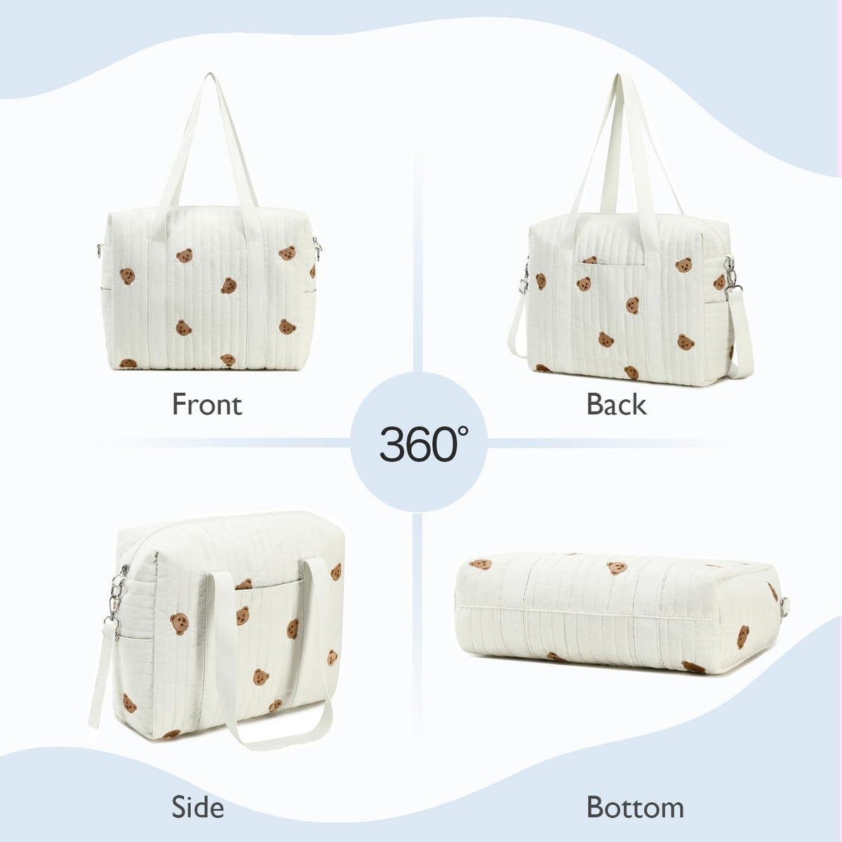 Diaper Bag Tote with Insulated Pockets and Stroller Hooks for Travel (White, Medium)