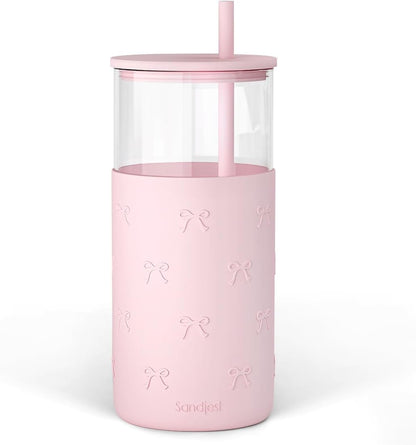 Glass Tumbler with Straw and Lid, Glass Water Bottle with Silicone Sleeve 20oz, Smoothie, Iced Coffee Cup, Gifts for Women Teen Girls Birthday Christmas (Cream)