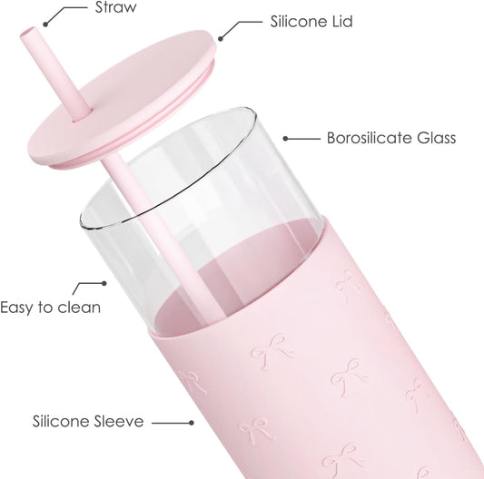 Glass Tumbler with Straw and Lid, Glass Water Bottle with Silicone Sleeve 20oz, Smoothie, Iced Coffee Cup, Gifts for Women Teen Girls Birthday Christmas (Cream)