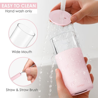 Glass Tumbler with Straw and Lid, Glass Water Bottle with Silicone Sleeve 20oz, Smoothie, Iced Coffee Cup, Gifts for Women Teen Girls Birthday Christmas (Cream)