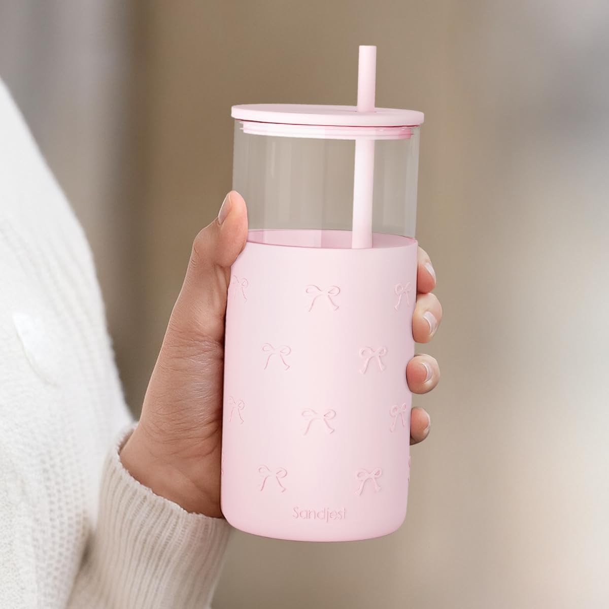 Glass Tumbler with Straw and Lid, Glass Water Bottle with Silicone Sleeve 20oz, Smoothie, Iced Coffee Cup, Gifts for Women Teen Girls Birthday Christmas (Cream)