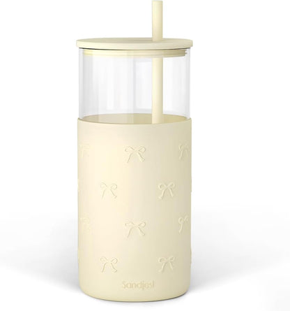 Glass Tumbler with Straw and Lid, Glass Water Bottle with Silicone Sleeve 20oz, Smoothie, Iced Coffee Cup, Gifts for Women Teen Girls Birthday Christmas (Cream)