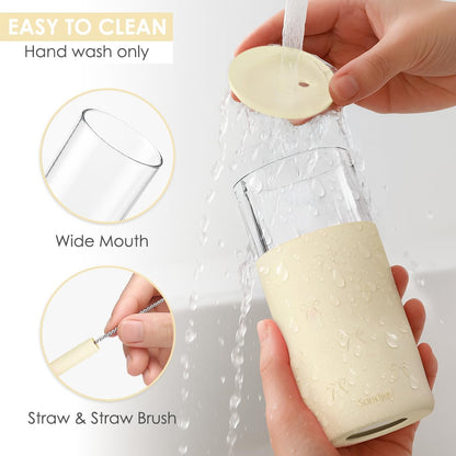 Glass Tumbler with Straw and Lid, Glass Water Bottle with Silicone Sleeve 20oz, Smoothie, Iced Coffee Cup, Gifts for Women Teen Girls Birthday Christmas (Cream)