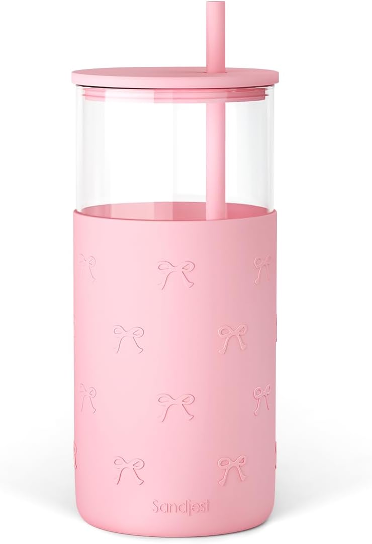 Glass Tumbler with Straw and Lid, Glass Water Bottle with Silicone Sleeve 20oz, Smoothie, Iced Coffee Cup, Gifts for Women Teen Girls Birthday Christmas (Cream)
