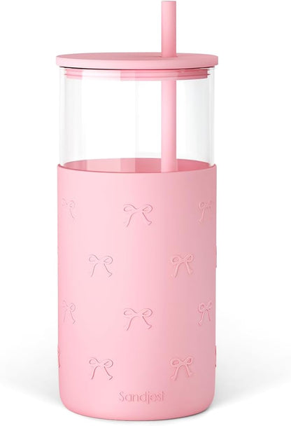 Glass Tumbler with Straw and Lid, Glass Water Bottle with Silicone Sleeve 20oz, Smoothie, Iced Coffee Cup, Gifts for Women Teen Girls Birthday Christmas (Cream)