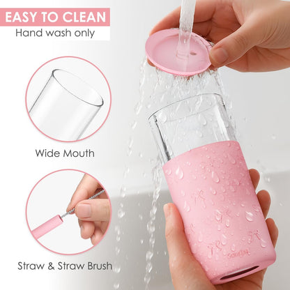 Glass Tumbler with Straw and Lid, Glass Water Bottle with Silicone Sleeve 20oz, Smoothie, Iced Coffee Cup, Gifts for Women Teen Girls Birthday Christmas (Cream)