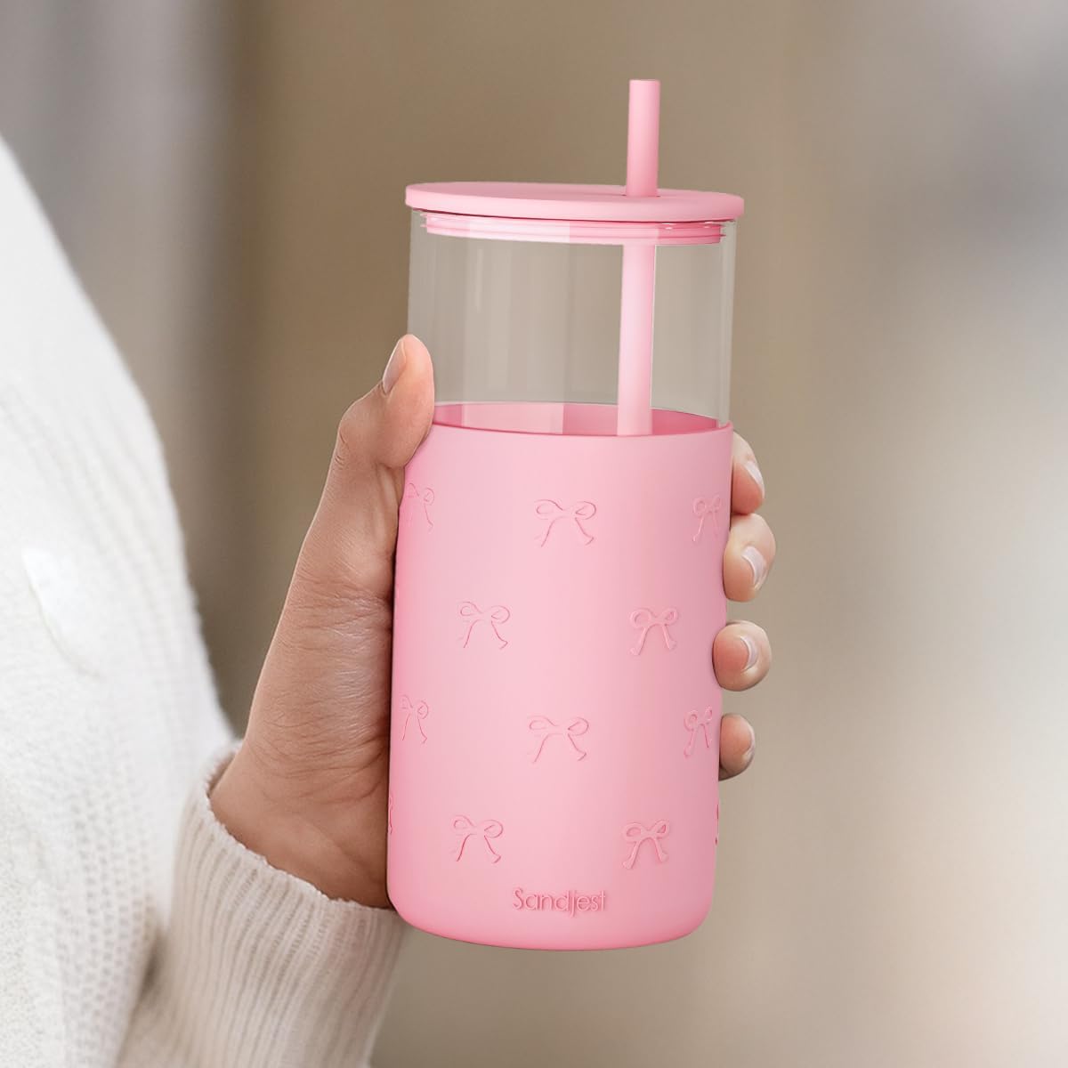 Glass Tumbler with Straw and Lid, Glass Water Bottle with Silicone Sleeve 20oz, Smoothie, Iced Coffee Cup, Gifts for Women Teen Girls Birthday Christmas (Cream)