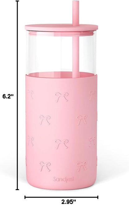 Glass Tumbler with Straw and Lid, Glass Water Bottle with Silicone Sleeve 20oz, Smoothie, Iced Coffee Cup, Gifts for Women Teen Girls Birthday Christmas (Cream)