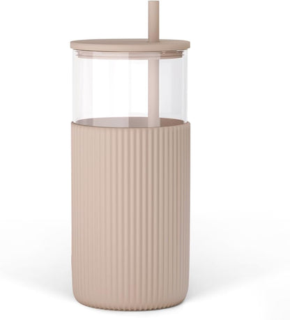 Glass Tumbler with Straw and Lid, Glass Water Bottle with Silicone Sleeve 20oz, Smoothie, Iced Coffee Cup, Gifts for Women Teen Girls Birthday Christmas (Cream)