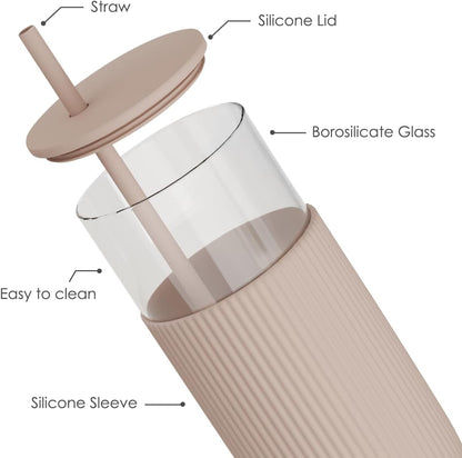Glass Tumbler with Straw and Lid, Glass Water Bottle with Silicone Sleeve 20oz, Smoothie, Iced Coffee Cup, Gifts for Women Teen Girls Birthday Christmas (Cream)