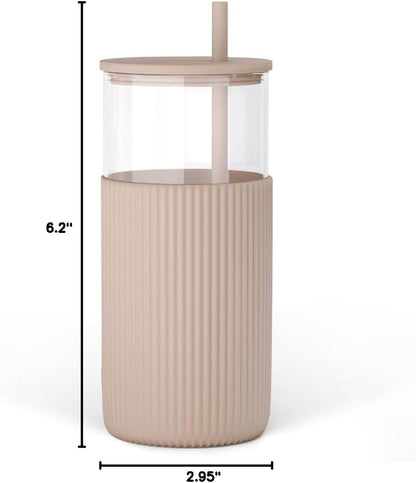 Glass Tumbler with Straw and Lid, Glass Water Bottle with Silicone Sleeve 20oz, Smoothie, Iced Coffee Cup, Gifts for Women Teen Girls Birthday Christmas (Cream)