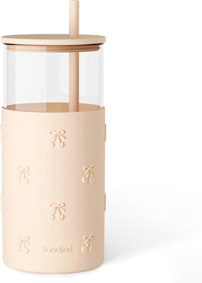 Glass Tumbler with Straw and Lid, Glass Water Bottle with Silicone Sleeve 20oz, Smoothie, Iced Coffee Cup, Gifts for Women Teen Girls Birthday Christmas (Cream)