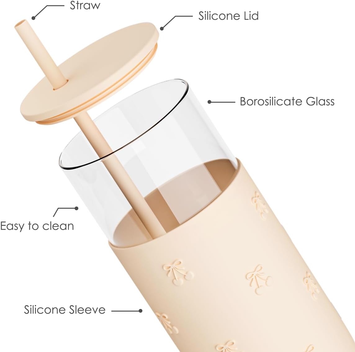 Glass Tumbler with Straw and Lid, Glass Water Bottle with Silicone Sleeve 20oz, Smoothie, Iced Coffee Cup, Gifts for Women Teen Girls Birthday Christmas (Cream)