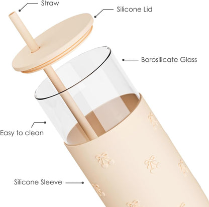 Glass Tumbler with Straw and Lid, Glass Water Bottle with Silicone Sleeve 20oz, Smoothie, Iced Coffee Cup, Gifts for Women Teen Girls Birthday Christmas (Cream)