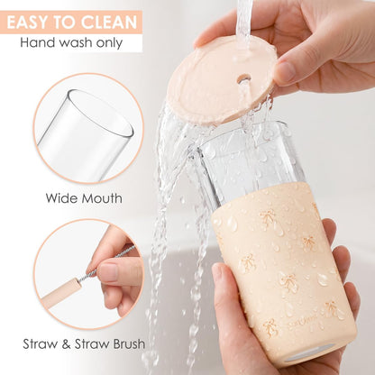 Glass Tumbler with Straw and Lid, Glass Water Bottle with Silicone Sleeve 20oz, Smoothie, Iced Coffee Cup, Gifts for Women Teen Girls Birthday Christmas (Cream)