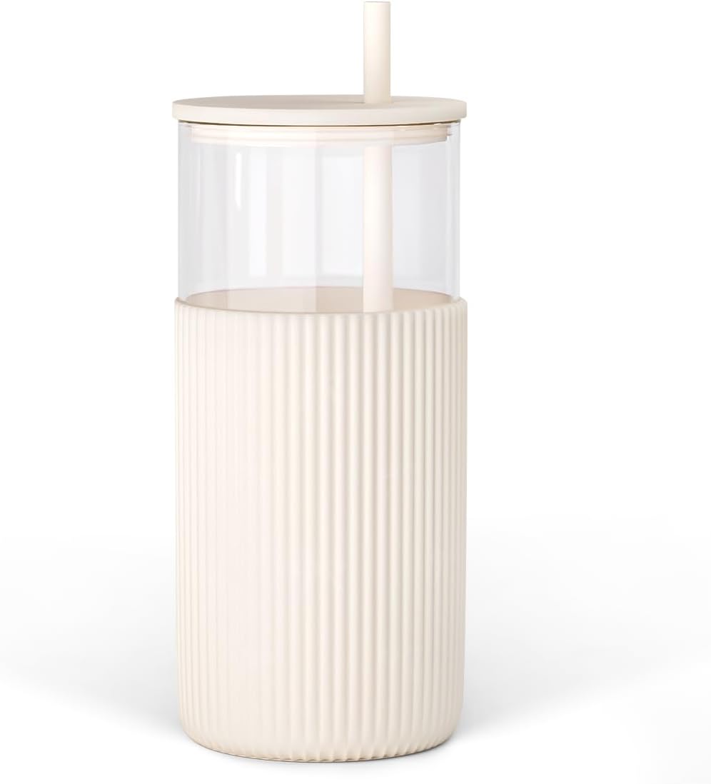Glass Tumbler with Straw and Lid, Glass Water Bottle with Silicone Sleeve 20oz, Smoothie, Iced Coffee Cup, Gifts for Women Teen Girls Birthday Christmas (Cream)