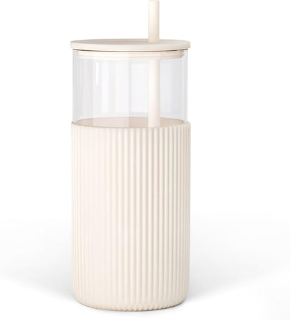 Glass Tumbler with Straw and Lid, Glass Water Bottle with Silicone Sleeve 20oz, Smoothie, Iced Coffee Cup, Gifts for Women Teen Girls Birthday Christmas (Cream)
