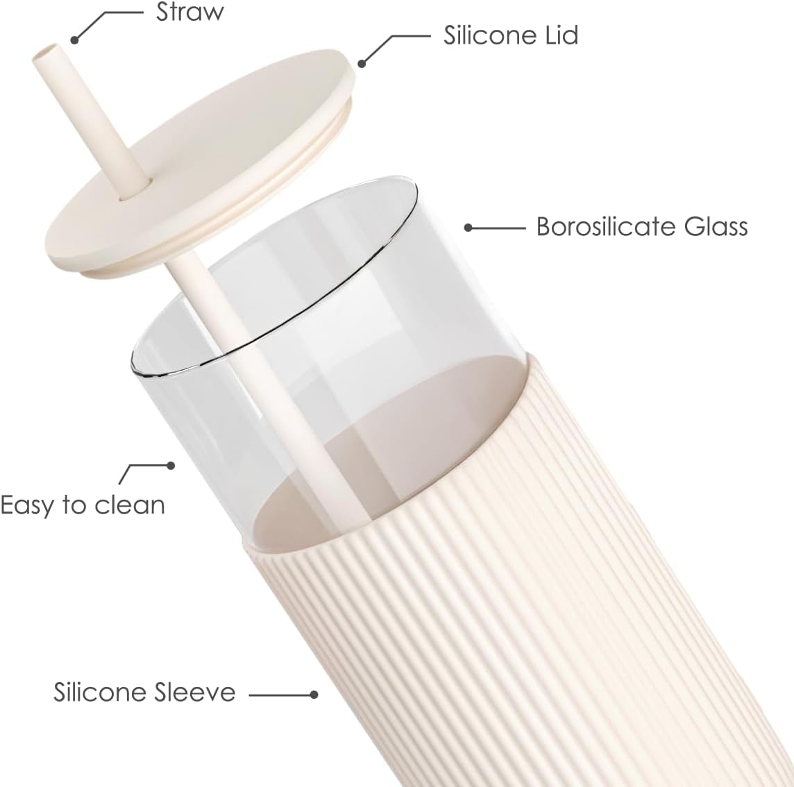 Glass Tumbler with Straw and Lid, Glass Water Bottle with Silicone Sleeve 20oz, Smoothie, Iced Coffee Cup, Gifts for Women Teen Girls Birthday Christmas (Cream)