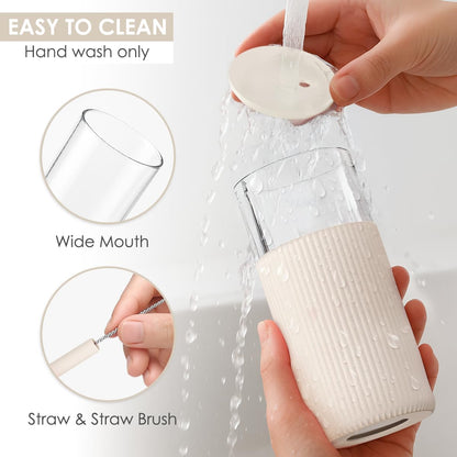Glass Tumbler with Straw and Lid, Glass Water Bottle with Silicone Sleeve 20oz, Smoothie, Iced Coffee Cup, Gifts for Women Teen Girls Birthday Christmas (Cream)