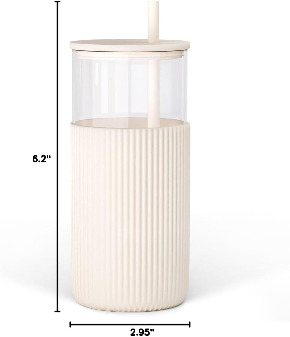 Glass Tumbler with Straw and Lid, Glass Water Bottle with Silicone Sleeve 20oz, Smoothie, Iced Coffee Cup, Gifts for Women Teen Girls Birthday Christmas (Cream)
