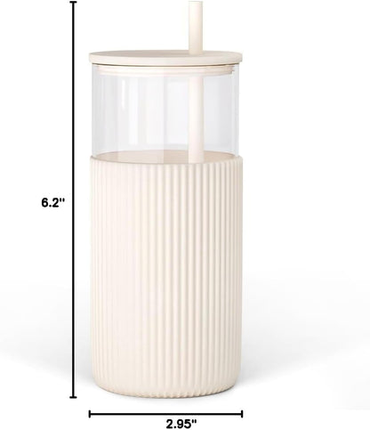 Glass Tumbler with Straw and Lid, Glass Water Bottle with Silicone Sleeve 20oz, Smoothie, Iced Coffee Cup, Gifts for Women Teen Girls Birthday Christmas (Cream)