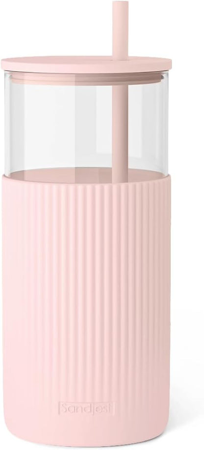 Glass Tumbler with Straw and Lid, Glass Water Bottle with Silicone Sleeve 20oz, Smoothie, Iced Coffee Cup, Gifts for Women Teen Girls Birthday Christmas (Cream)