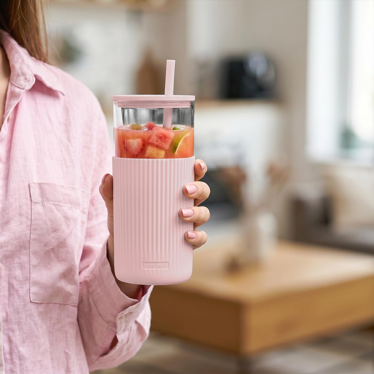 Glass Tumbler with Straw and Lid, Glass Water Bottle with Silicone Sleeve 20oz, Smoothie, Iced Coffee Cup, Gifts for Women Teen Girls Birthday Christmas (Cream)