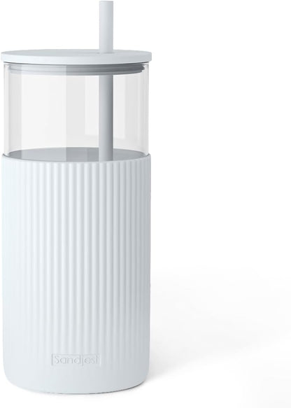 Glass Tumbler with Straw and Lid, Glass Water Bottle with Silicone Sleeve 20oz, Smoothie, Iced Coffee Cup, Gifts for Women Teen Girls Birthday Christmas (Cream)