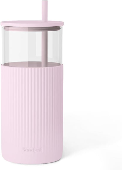 Glass Tumbler with Straw and Lid, Glass Water Bottle with Silicone Sleeve 20oz, Smoothie, Iced Coffee Cup, Gifts for Women Teen Girls Birthday Christmas (Cream)