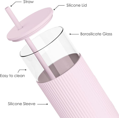 Glass Tumbler with Straw and Lid, Glass Water Bottle with Silicone Sleeve 20oz, Smoothie, Iced Coffee Cup, Gifts for Women Teen Girls Birthday Christmas (Cream)