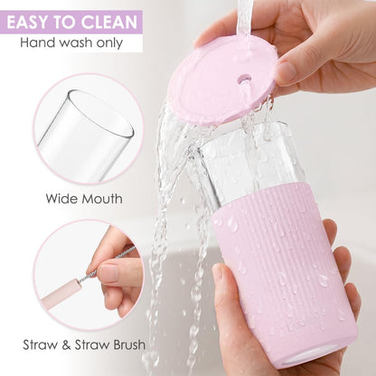 Glass Tumbler with Straw and Lid, Glass Water Bottle with Silicone Sleeve 20oz, Smoothie, Iced Coffee Cup, Gifts for Women Teen Girls Birthday Christmas (Cream)