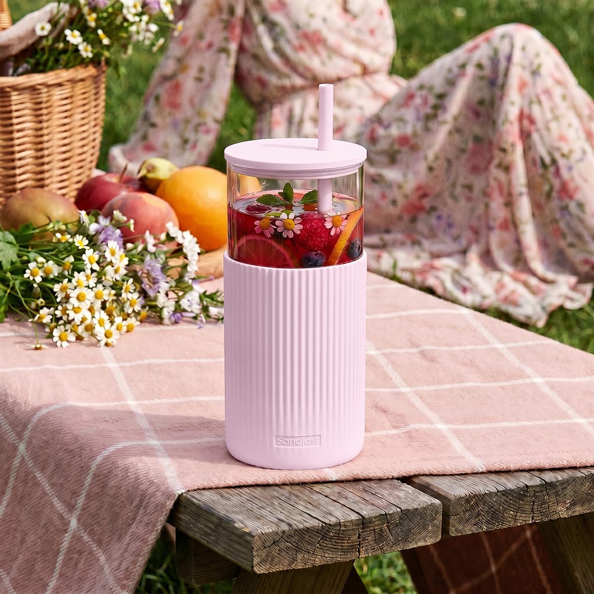 Glass Tumbler with Straw and Lid, Glass Water Bottle with Silicone Sleeve 20oz, Smoothie, Iced Coffee Cup, Gifts for Women Teen Girls Birthday Christmas (Cream)